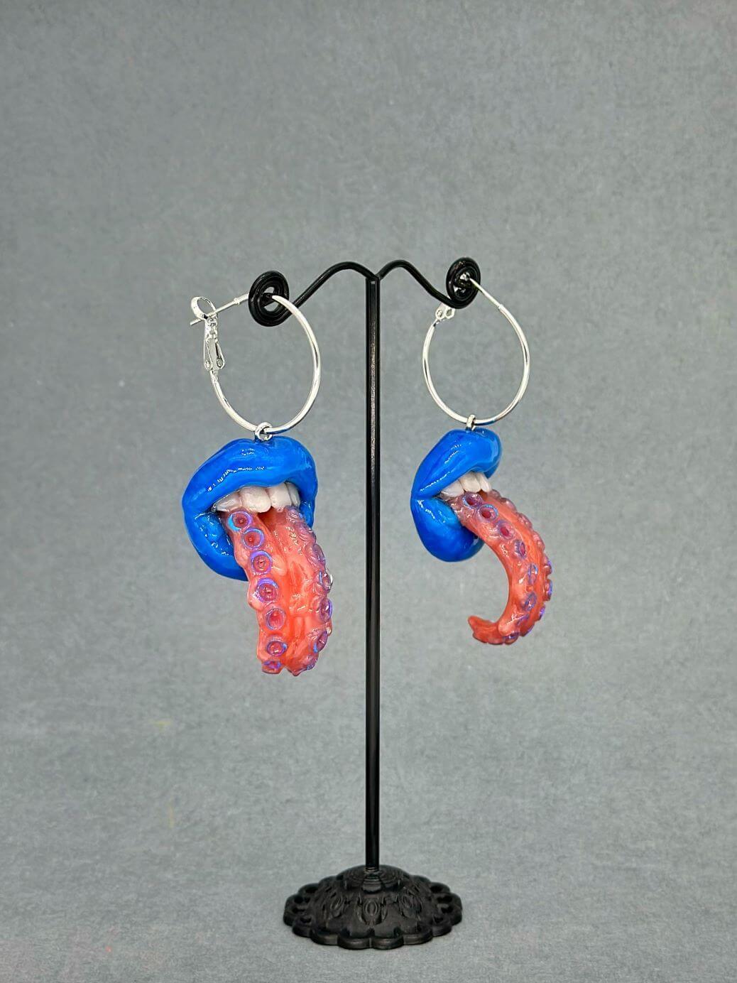 Handmade Tentacle Tongue Funky Earrings, made by polymer clay, Attention-Grabbing Wearable Artwork by ioArtStudio