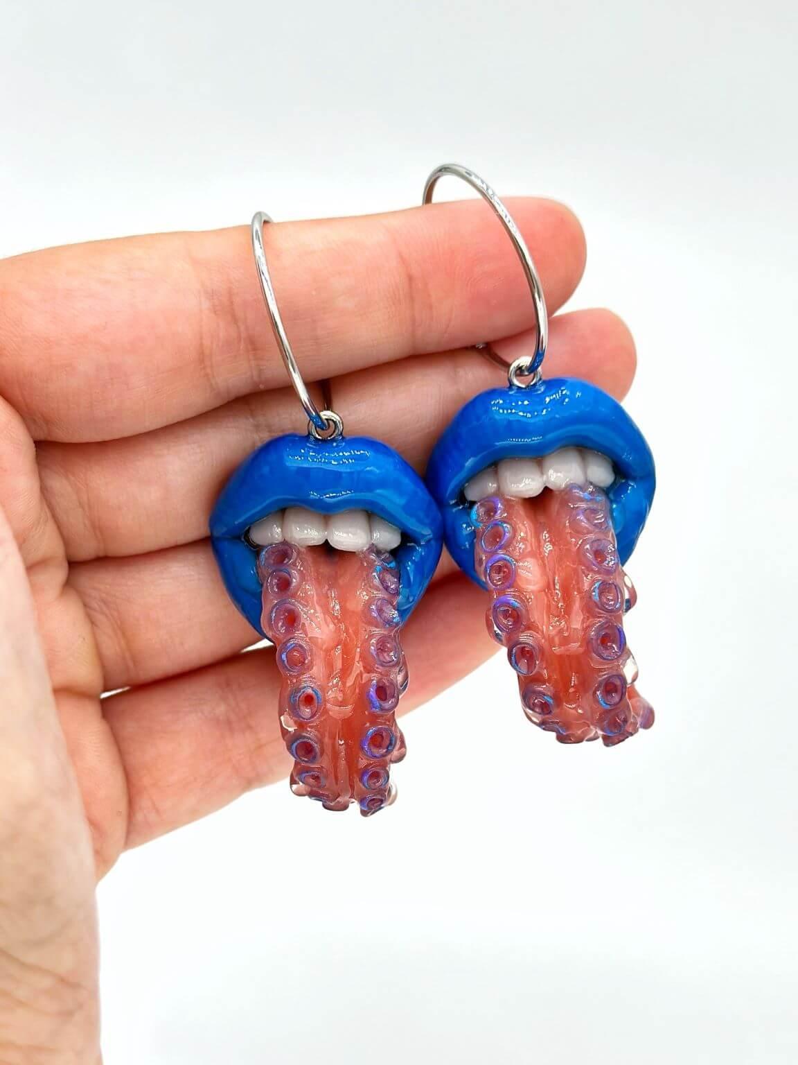 Handmade Tentacle Tongue Funky Earrings, made by polymer clay, Attention-Grabbing Wearable Artwork by ioArtStudio