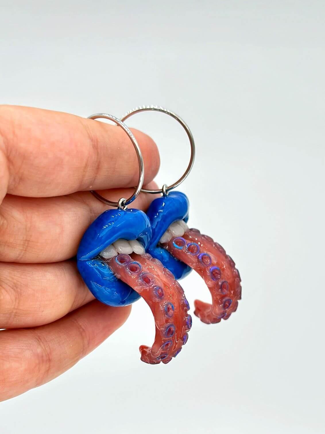 Handmade Tentacle Tongue Funky Earrings, made by polymer clay, Attention-Grabbing Wearable Artwork by ioArtStudio