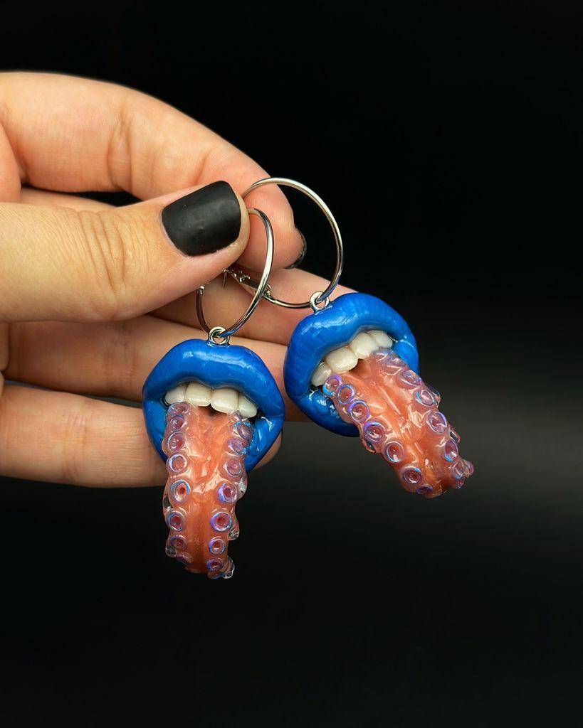 Handmade Tentacle Tongue Funky Earrings, made by polymer clay, Attention-Grabbing Wearable Artwork by ioArtStudio