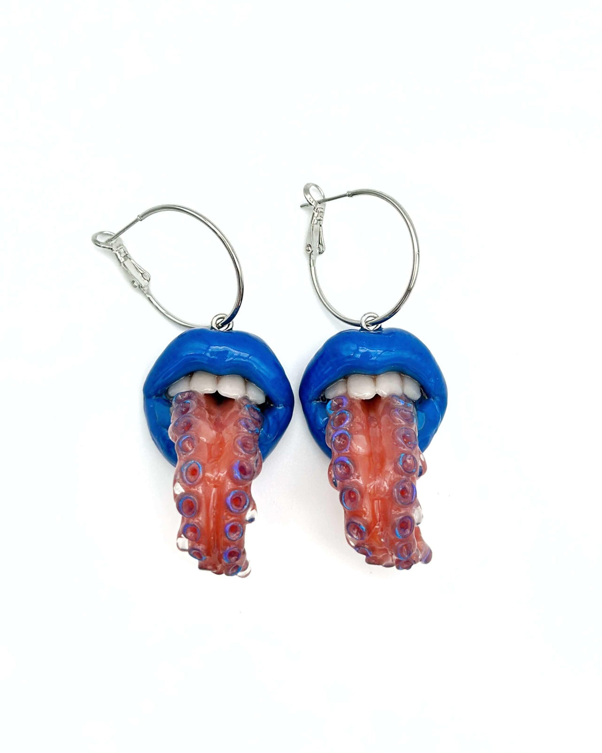 Handmade Tentacle Tongue Funky Earrings, made by polymer clay, Attention-Grabbing Wearable Artwork by ioArtStudio