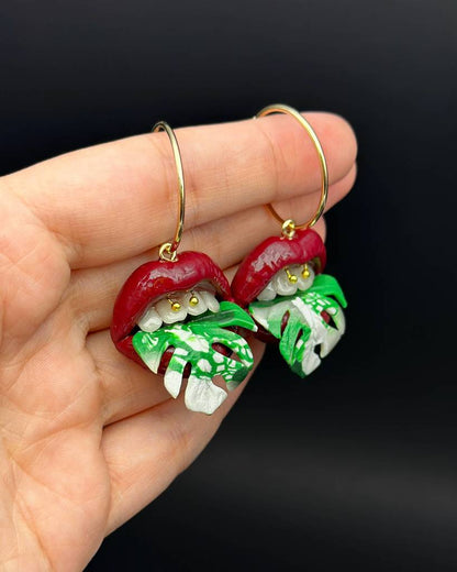 Variegated Monstera Tongue with Burgundy Red Lips Drop Earrings  handmade  with polymer clay. A unique acreation by ioArtStudio 