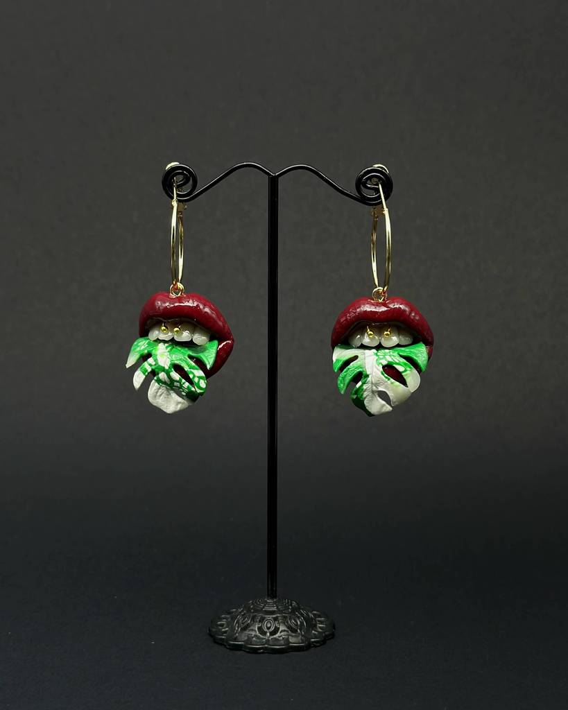 Variegated Monstera Tongue with Burgundy Red Lips Drop Earrings  handmade  with polymer clay. A unique acreation by ioArtStudio 