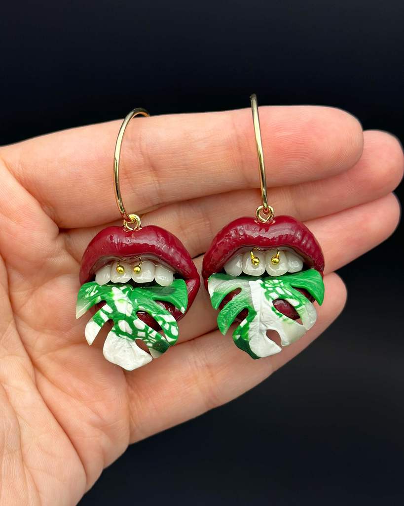 Variegated Monstera Tongue with Burgundy Red Lips Drop Earrings  handmade  with polymer clay. A unique acreation by ioArtStudio 