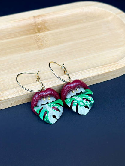 Variegated Monstera Tongue with Burgundy Red Lips Drop Earrings  handmade  with polymer clay. A unique acreation by ioArtStudio 