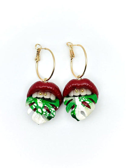 Variegated Monstera Tongue with Burgundy Red Lips Drop Earrings  handmade  with polymer clay. A unique acreation by ioArtStudio 