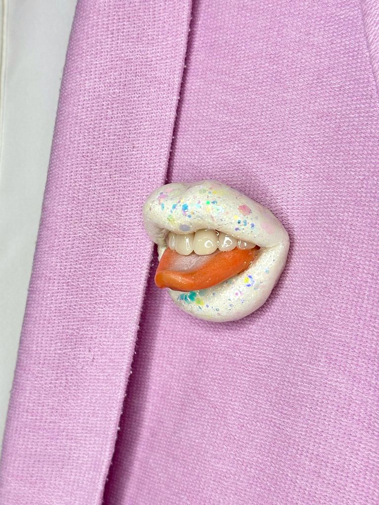 White Opal Glossy Lips handmade with polymer clay. A unique wearable art by ioArtStudio