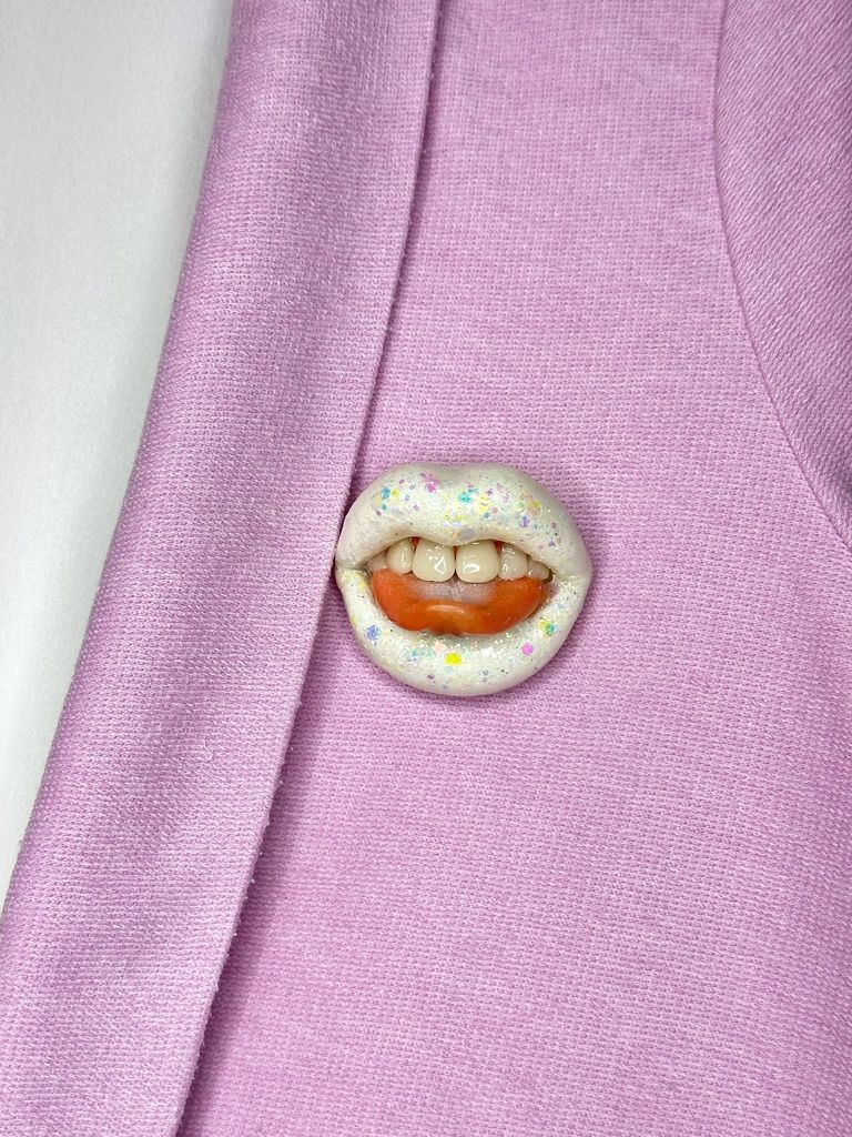 White Opal Glossy Lips handmade with polymer clay. A unique wearable art by ioArtStudio