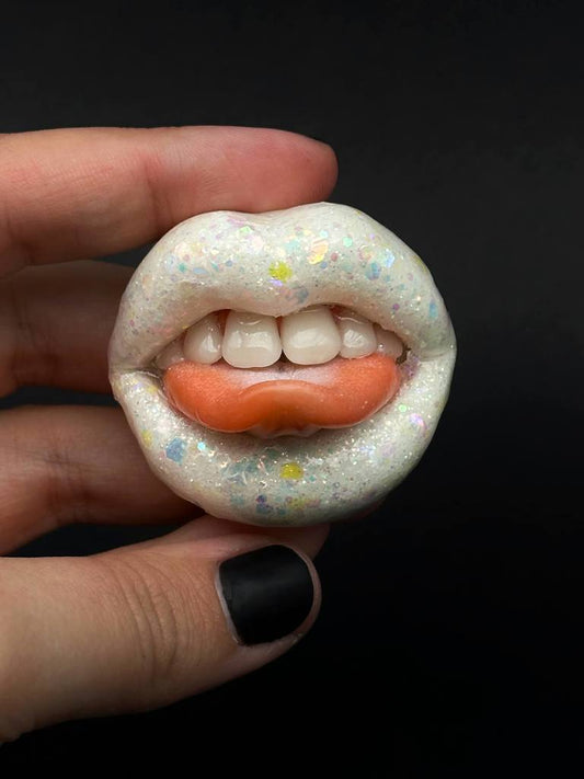 White Opal Glossy Lips  handmade  with polymer clay. A unique wearable art by ioArtStudio 