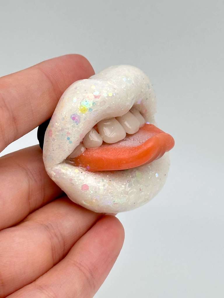 White Opal Glossy Lips  handmade  with polymer clay. A unique wearable art by ioArtStudio 