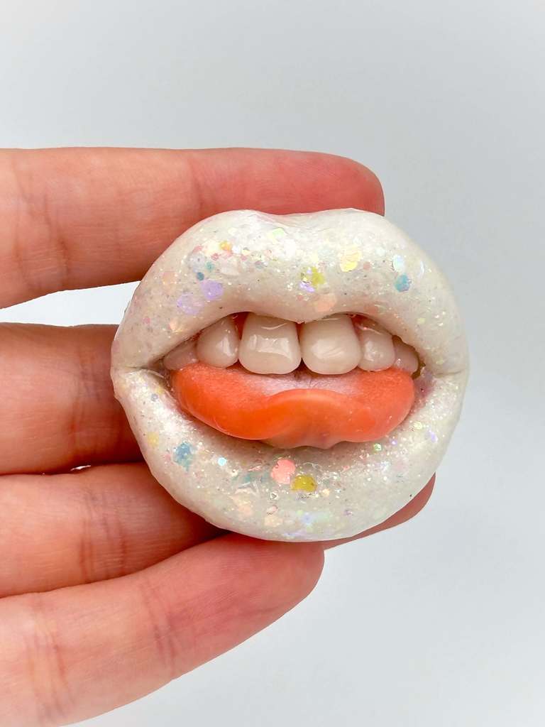 White Opal Glossy Lips  handmade  with polymer clay. A unique wearable art by ioArtStudio 