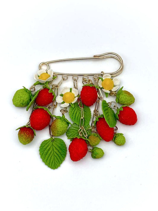 Wild Strawberry  Safety Pin handmade jewelry with polymer clay by ioArtStudio 