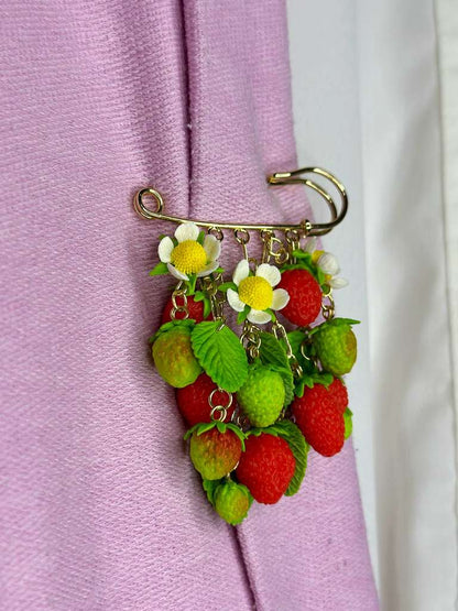 Wild Strawberry  Safety Pin handmade jewelry with polymer clay by ioArtStudio 