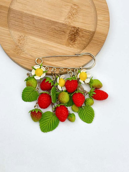 Wild Strawberry  Safety Pin handmade jewelry with polymer clay by ioArtStudio 