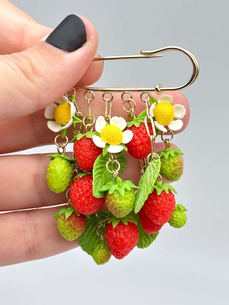 Wild Strawberry  Safety Pin handmade jewelry with polymer clay by ioArtStudio 