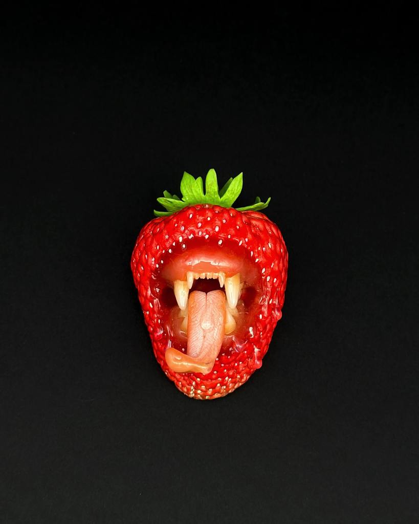 Wild Strawberry With Tiger Teeth sculpted with polymer clay. A unique and eye-catching wearable art by ioArtStudio 